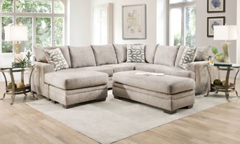 Lifestyle shot from above of the Croft Sand Reversible Chaise Sectional and matching rectangular ottoman.