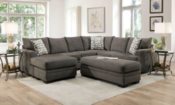 Lifestyle shot from above of the Croft Charcoal Gray sectional and ottoman.