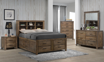 Rustic bedroom set with storage bed, dresser, chest, and nightstand in brown autumn bronze finish