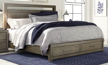Modern king bed with two storage drawers and USB charging in Graystone finish
