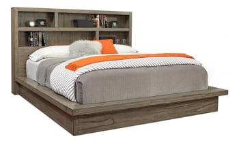 Modern platform bed with bookcase headboard in Graystone finish