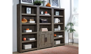 Modern 75-inch high bookcase with 2 adjustable open shelves and two door storage cabinet in Graystone finish