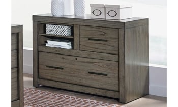 Contemporary 42-inch combo file with locking drawer and shelf in Graystone finish for home office.