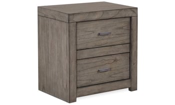 Contemporary 2-drawer nightstand with industrial bar pull hardware in Graystone finish
