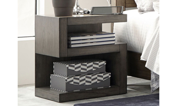 Modern, scupltural style S-shaped 25-inch nightstand with dual shelves in Graystone finish