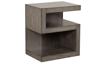Contemporary S-shaped nightstand with two open shelves in Graystone finish
