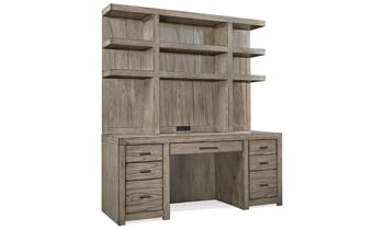Modern 2-piece desk with 72-inch wide hutch with 3 shelves and credenza with 7 drawers in Graystone finish