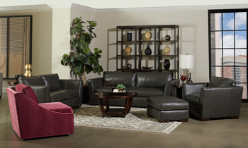 Charcoal leather sofa from the Milo Hopkins Collection from Klaussner is 69” wide.
