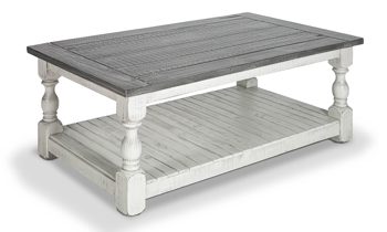 Coffee table in neutral colors of white and gray.