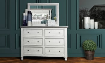 Stone Ivory and Gray dresser and mirror. Affordable bedroom furniture.