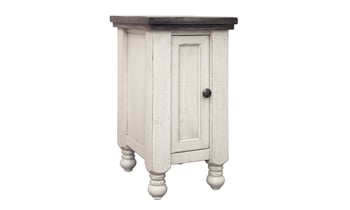 26" tall chairside table with a storage cabinet in a stone ivory and Gray finish.
