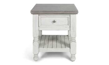 End Table with drawer and shelf in a stone ivory and Gray finish.