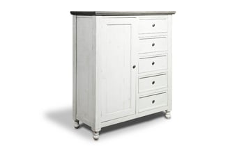 Stone Ivory and Gray Gentleman's Chest. Affordable farmhouse style bedroom storage furniture.