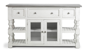 60" wide media console with drawers, cabinets and shelves.