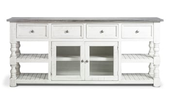 Solid wood entertainment console in Gray and white.