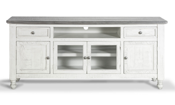 Farmhouse inspired media console in Gray and white tones made of solid pine.