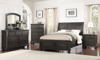 Sleigh storage bed from the Newbury collection in a neutral Gray finish.
