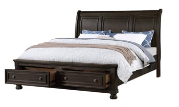Storage drawers on the sleigh bed from the Newbury Laurel Collection helps keep your organized.