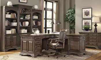 Complete home office with executive desk, chair and triple bookcase in truffle brown finish from Aspenhome