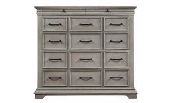 Transitional chest in a neutral gray weathered finish with 14 drawers.