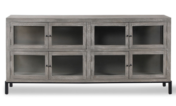 82-inch long entertainment console with 4 cabinets and shelves.