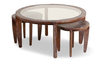 Chambal Coffee Table with end tables set feature a sandblasted dark pine wash finish.