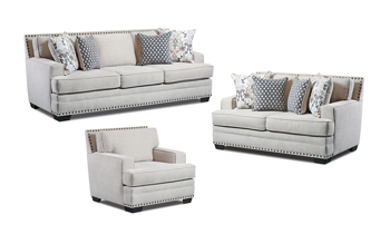 Timeless armchair in cream-colored fabric upholstery with nail head trim.