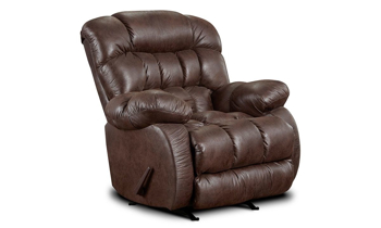 Overstuffed triple pillow back rocker with manual recliner in chocolate brown upholstery.