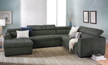 Three-piece sectional upholstered in high-performance fabric features.