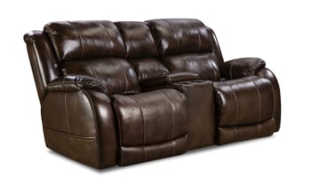 Power reclining living room collection includes sofa, loveseat and recliner in top-grain dark brown leather.