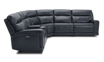 Power sectional in navy top grain leather with three recliners. Affordable sectionals now on sale.