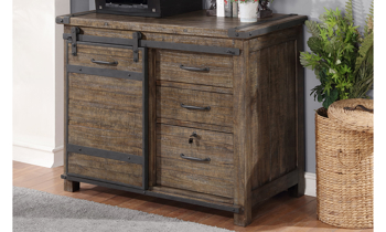 Rustic storage cabinet featuring shelves and drawers.