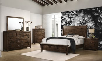 New Classic Blue Ridge Sleigh Bedroom Set includes a bed, dresser and mirror.