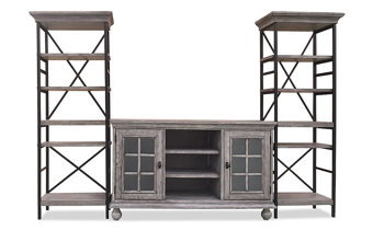 Transitional 66-inch entertainment console  with two glass paned cabinets and center open storage shelves in weathered gray wood finish