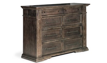 62" wide dresser in a wire brushed dark wood finish.