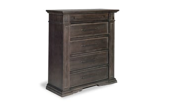 Affordable bedroom chest in a distressed brown finish.