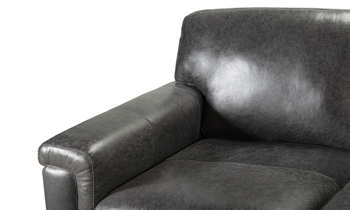 Detail shot of the Medici Gray Sectional layover style armrest with unique stitching and welting details in soft dark Gray leather.
