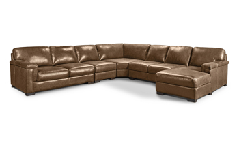 Brown sectional includes chaise, square corner, armless loveseat, armless chair and left facing loveseat.