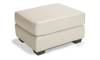 Rectangular ottoman with off-white top grain leather.