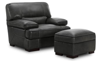 Kipling Gray contemporary leather living room set includes sofa, loveseat, chair and ottoman.