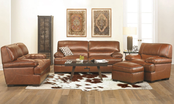 Contemporary 67-inch loveseat with plush arms in brown top-grain leather.