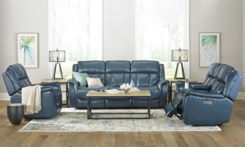 Fashionable 3-piece reclining sofa set with 86-inch sofa, loveseat and chair in blue leather