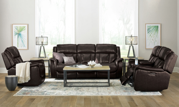 Brown Prodigy leather power reclining sofa, loveseat and recliner.