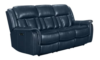 Power reclining leather 86" wide couch in a rich blue color.