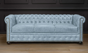 American made mist blue leather chesterfield sofa.