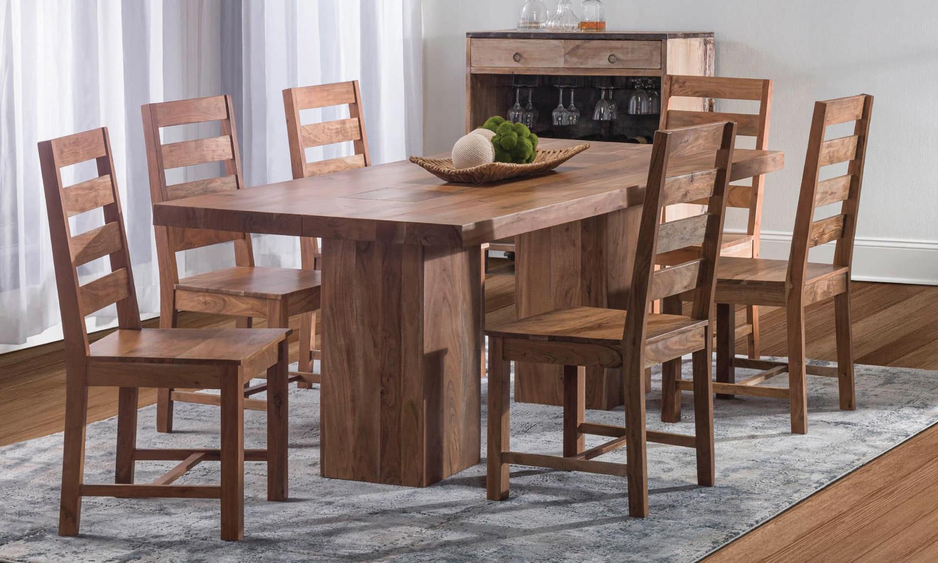 Solid wood dining room table and chairs.