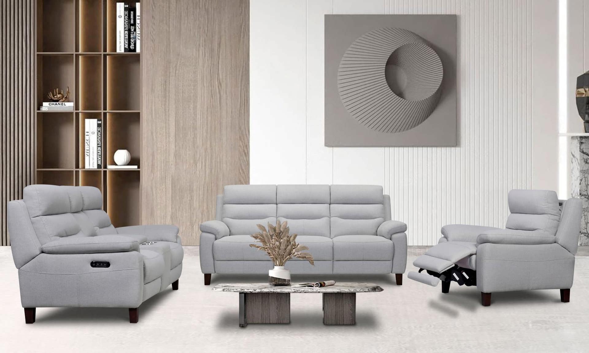 Living room set by Jessica Jacobs that power reclines.